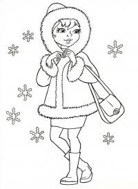 Девочка в зимней одежде и хороводе снежинок Детские раскраски зима распечатать