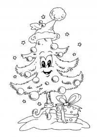 Открытка с забавной елочкой в шапочке Раскраски на тему зима