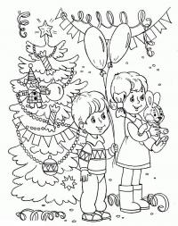 Открытка с детьми с подарками возле елки Детские раскраски зима распечатать