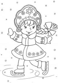 Открытки, снегурочка на коньках Зимние раскраски для малышей