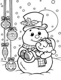 Открытки, снеговик с медвежонком Рисунок раскраска на зимнюю тему